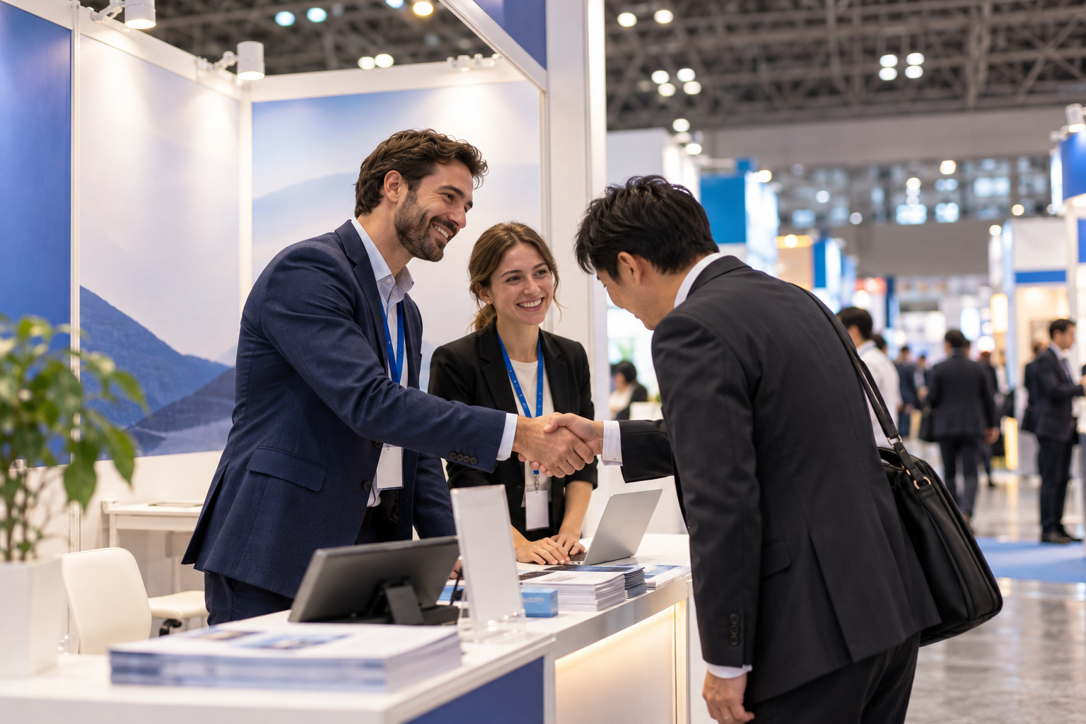 International exhibitors meeting a Japanese visitor at a trade show booth