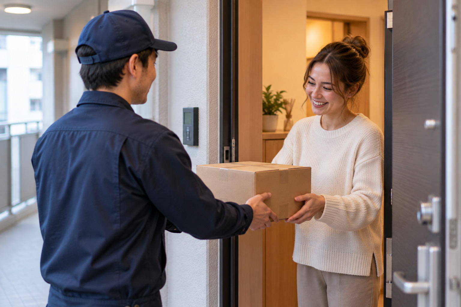 Delivery driver handing a parcel to a resident at an apartment door