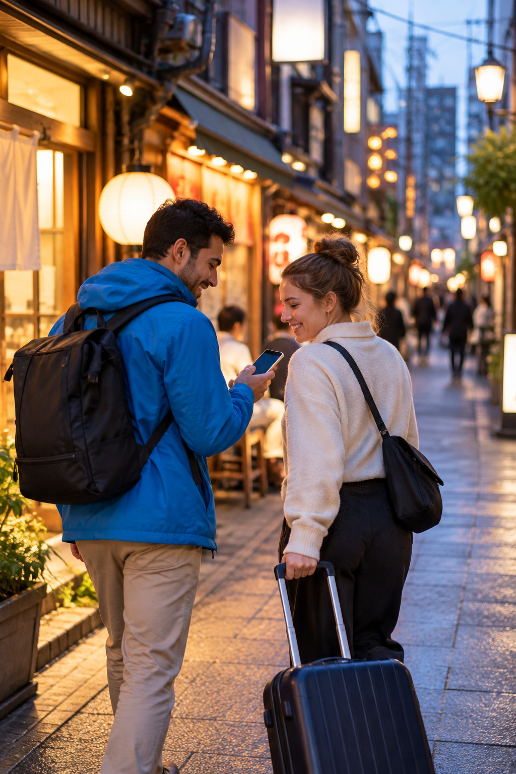 Travelers with a suitcase on a lantern-lit street in Japan