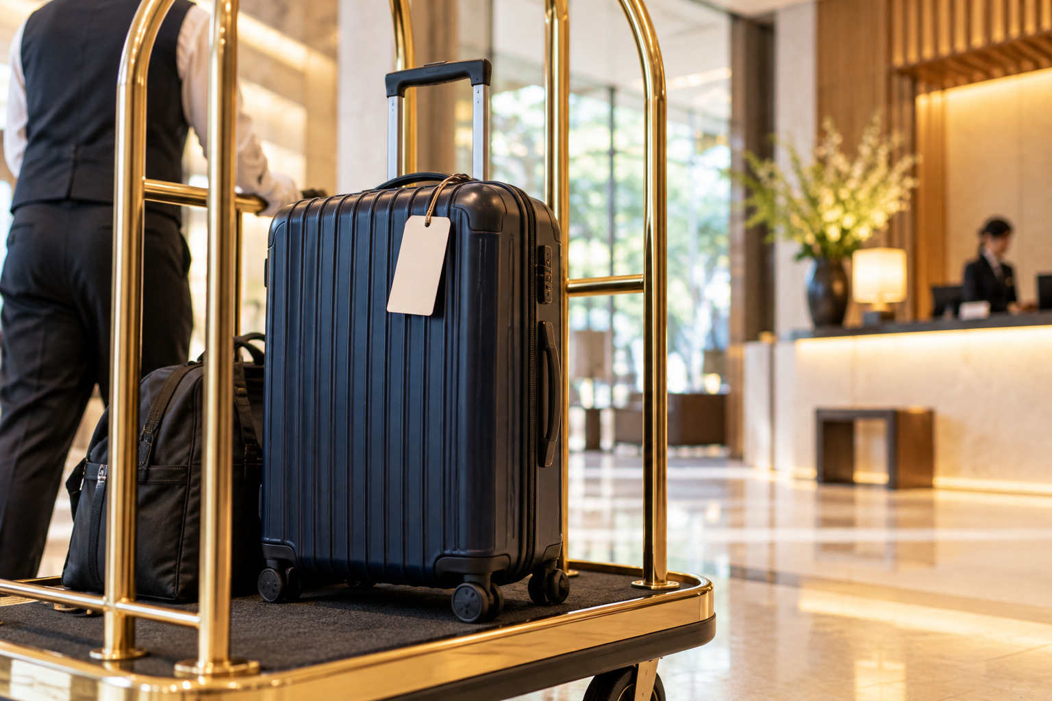 Suitcase with a blank delivery tag on a hotel luggage cart