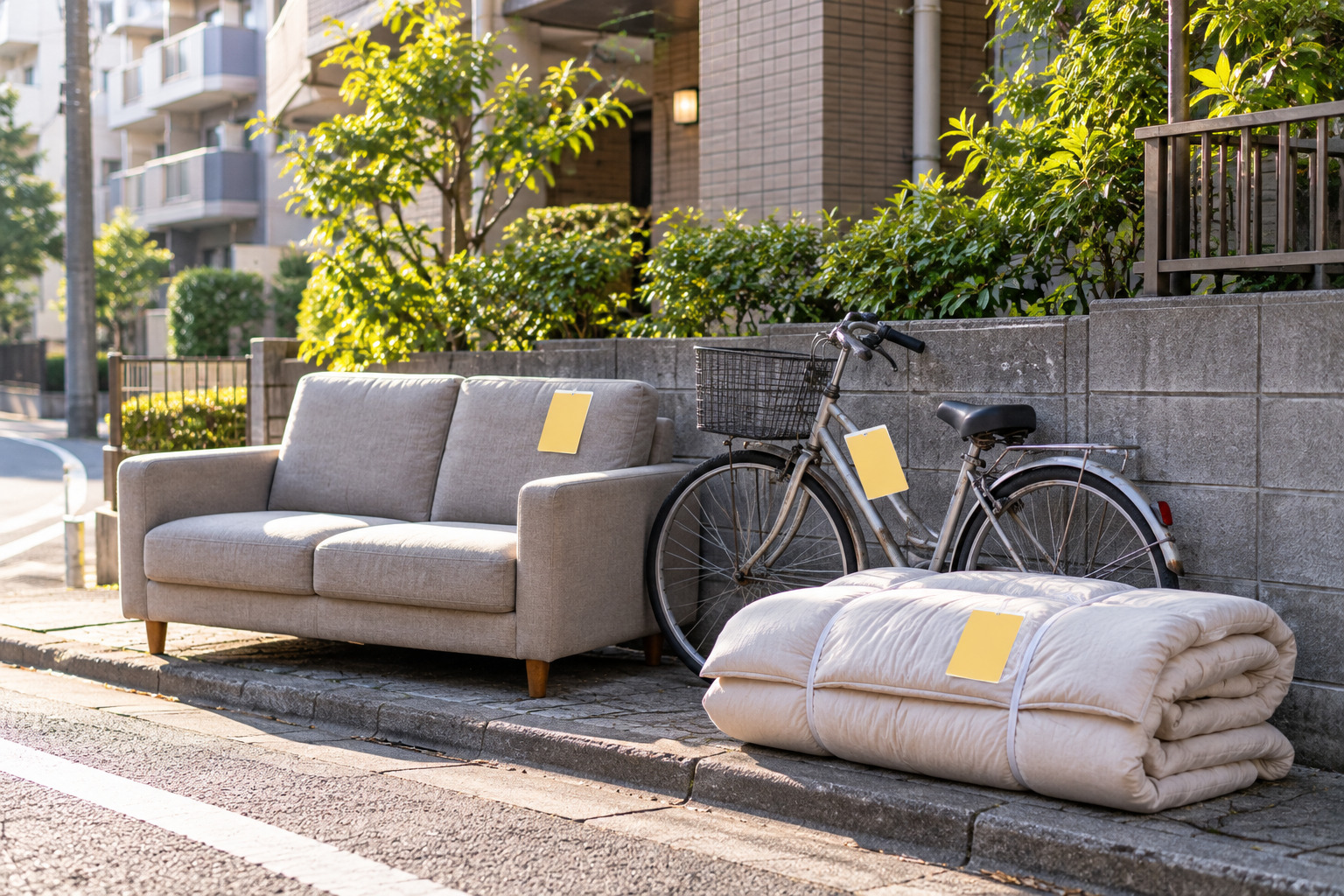 Sofa and bicycle with collection stickers at an apartment waste point