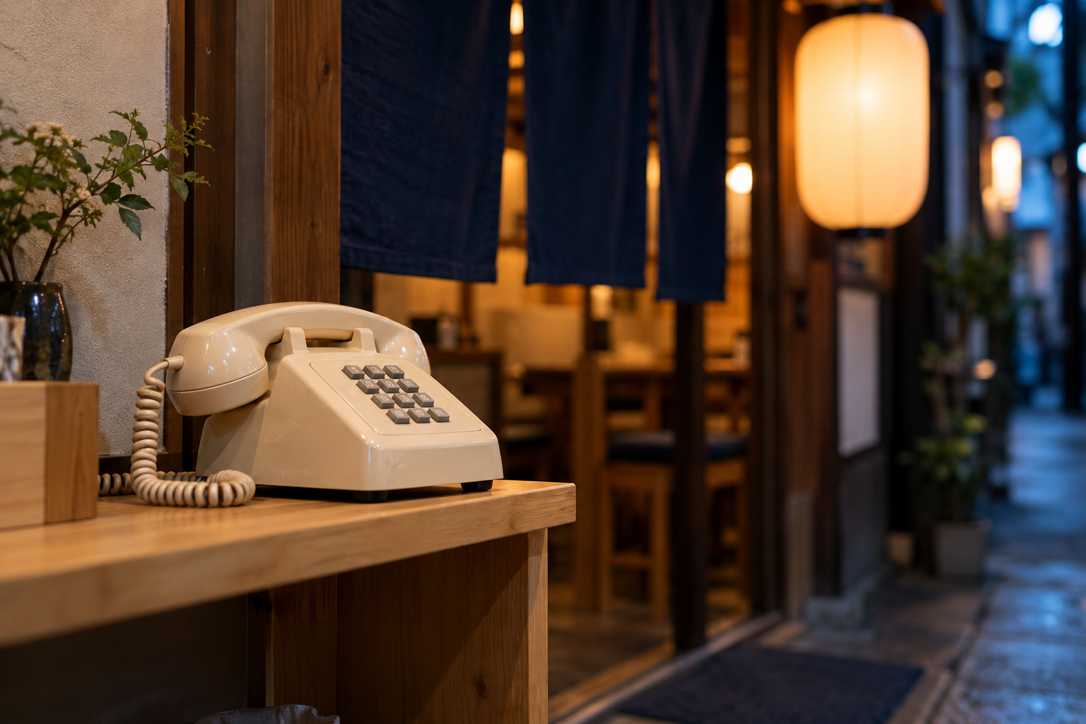 Old-style telephone at the entrance of a small Japanese restaurant