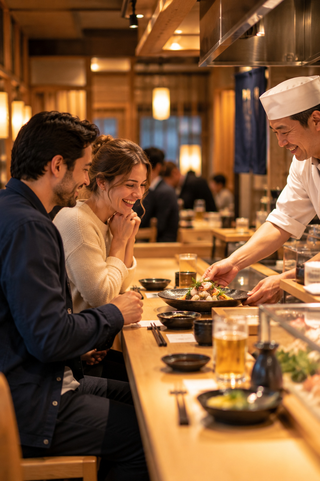 Couple enjoying dinner at a counter restaurant in Japan