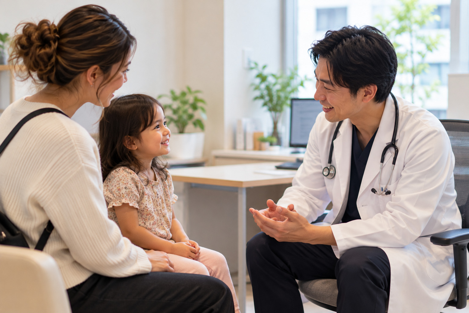 Doctor speaking kindly with a foreign patient in Japan